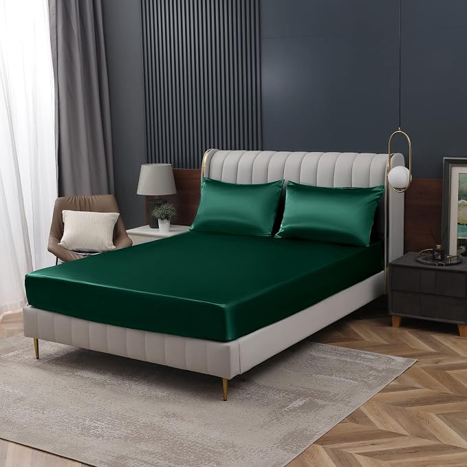 Homiest Blackish Green Satin Fitted Sheet King Size, Deep Pocket, Luxury & - Image 9