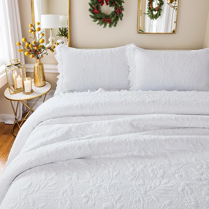 Brandream White Quilt Set Cotton Queen Size Shabby Chic Cottagecore Bedding - Image 3