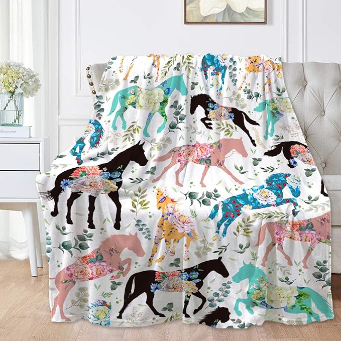 Colorful Floral Horse Blanket for Adults,Flowers Animals Throw Blanket for Girls Boys Lightweight Cute Horse Soft Cozy Flannel Blanket for Kids 90 * 120 Inches