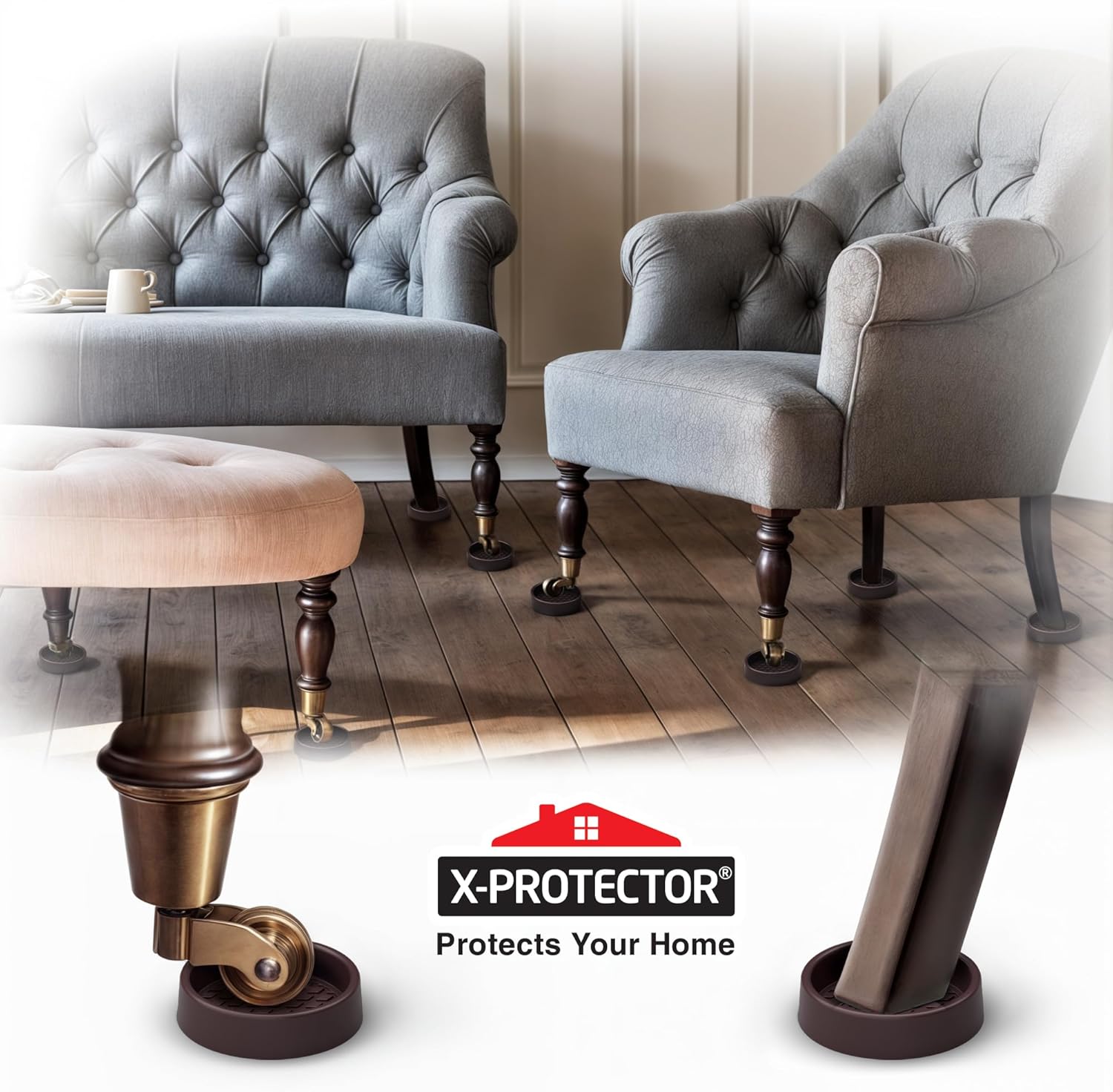 Furniture Cups X-PROTECTOR – 2" Caster Cups 8 PCS – Round Furniture Coasters – Ideal Bed Stoppers – Non Skid Furniture Pads with a Perfect Design – Rubber Furniture Pads - Protect Any Flooring!