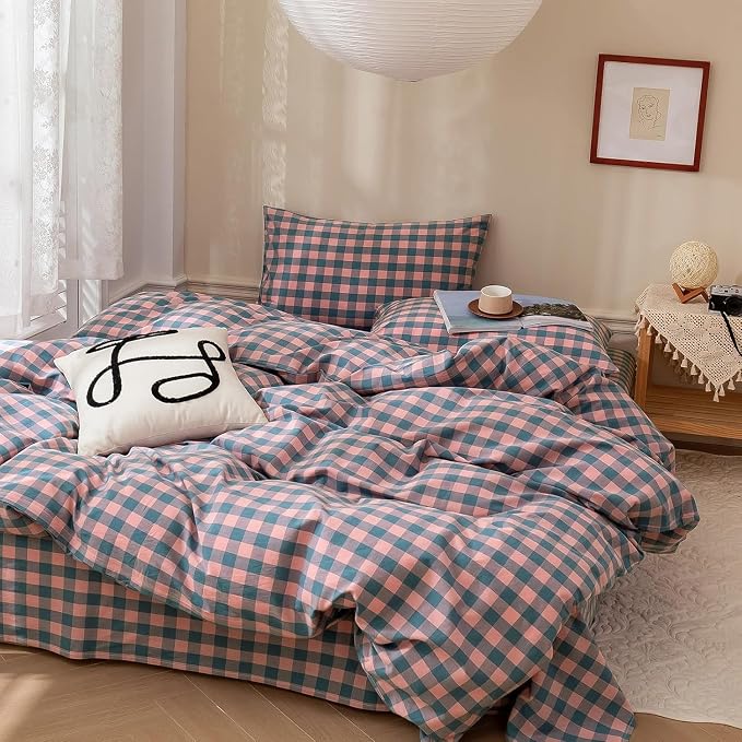 mixinni Pink Blue Purple Checkered Duvet Cover Set by mixinni