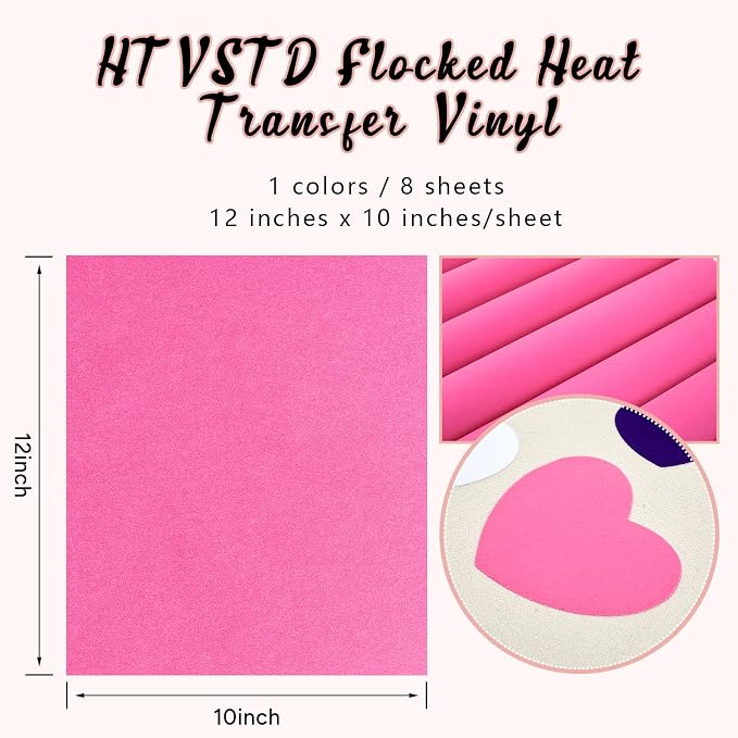HTVSTD Hot Pink Flock Heat Transfer Vinyl 8pcs 12×10in Iron on Vinyl | Colorful - Image 2