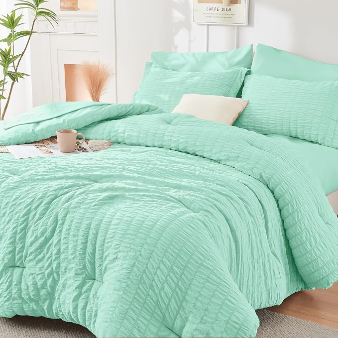 HYMOKEGE Mint Green Twin Comforter Set Seersucker 5 Pieces, All Season Luxury by HYMOKEGE