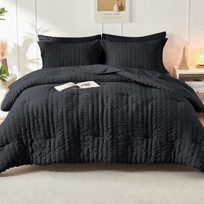 HYMOKEGE Black King Size Comforter Set Seersucker 7 Pieces, All Season Luxury - Image 9