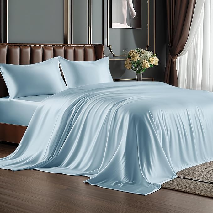 BEDELITE Satin Sheets Full Size Bed Set, Luxury Soft Light Blue Silky Sheet by BEDELITE
