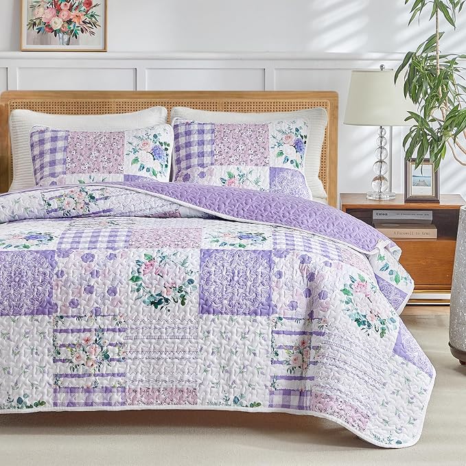 Joyreap 3 Pieces Floral Quilt Set King, Patchwork Purple n Pink Flowers Design - Image 3