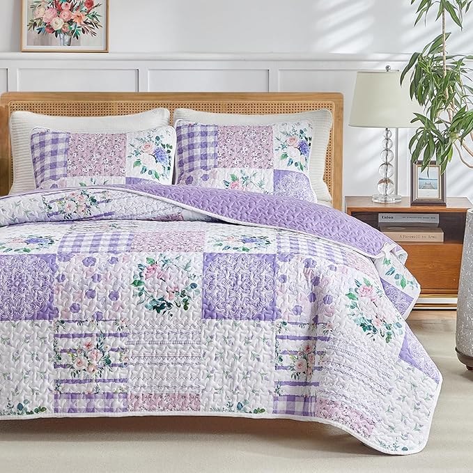 Joyreap 3 Pieces Floral Quilt Set Queen, Patchwork Purple n Pink Flowers Design - Image 3