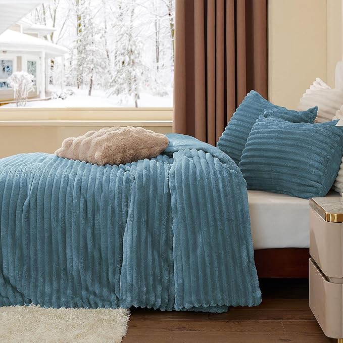 BEDELITE Fleece Queen Comforter Set -Super Soft & Warm Fluffy Blue Fog Bedding - Image 4