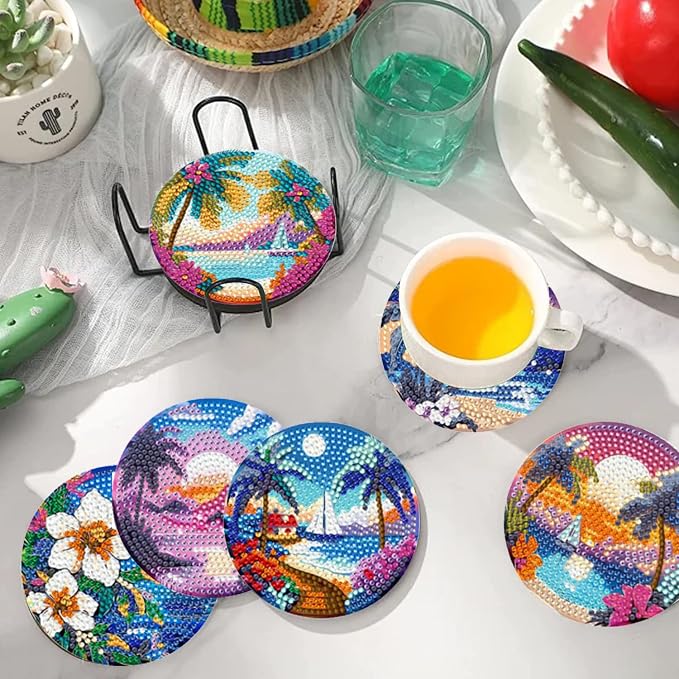 EWJRNSF 8 PCS Beach Diamond Art Coasters DIY Kit - Image 7