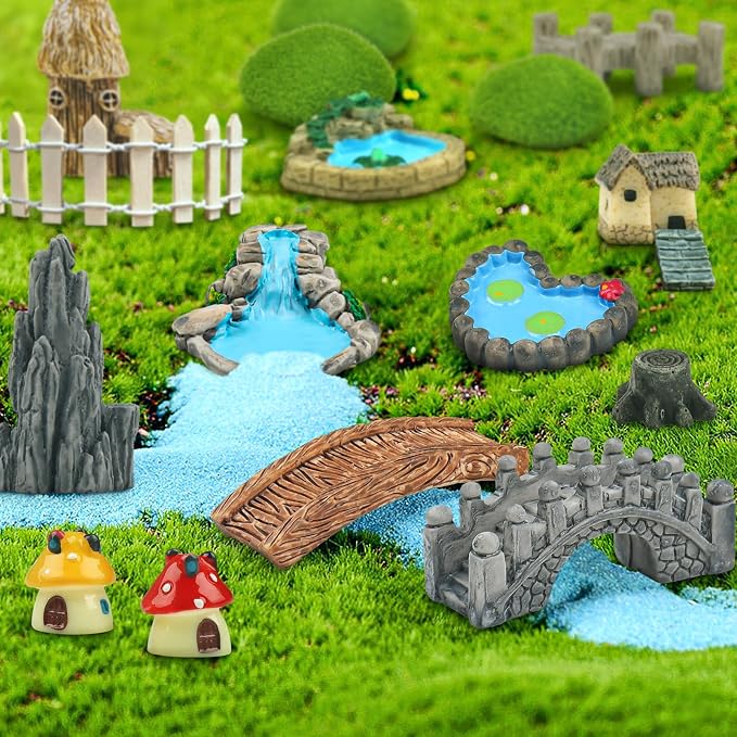 QUOZUO 21 Pcs Fairy Garden Miniatures Accessories Bridge House Landscape Water - Image 4