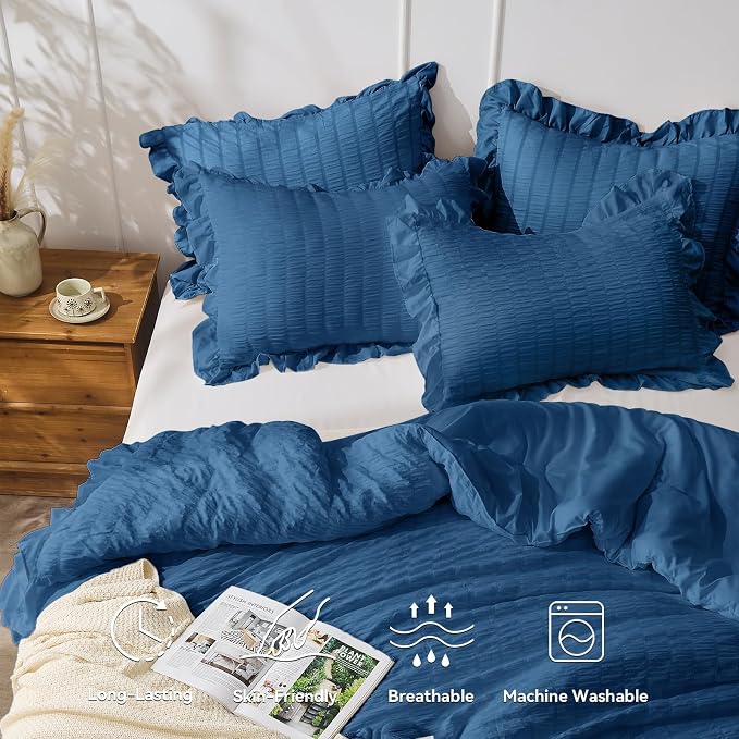 JOLLYVOGUE Teal Queen Comforter Set, 3 Pieces Seersucker Comforters Queen Size - Image 2