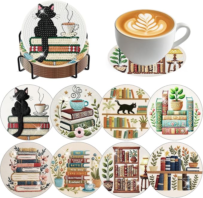 8 Pack Bookshelf Diamond Art Coasters, Diamond Painting Coasters Kits | Books by Zythron