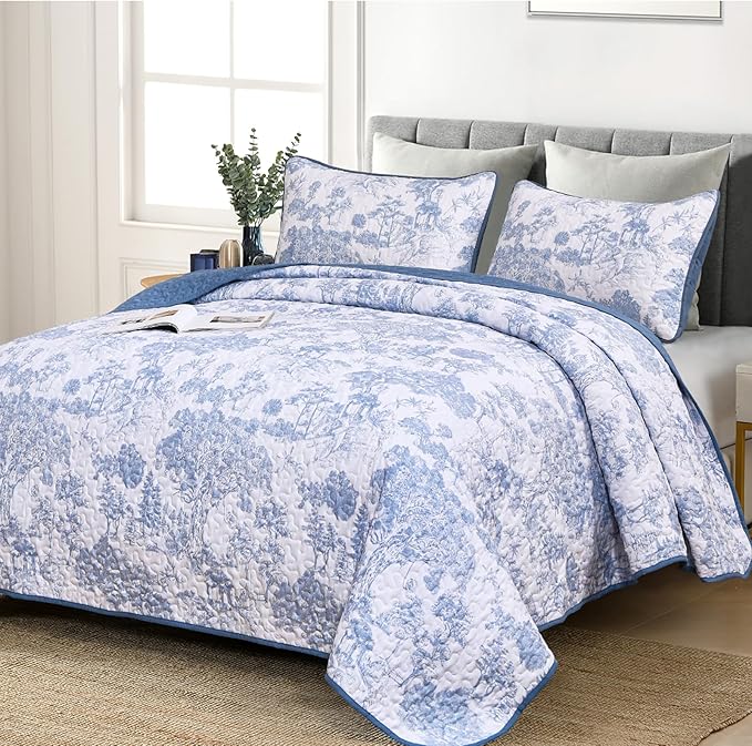 WONGS BEDDING Botanical Quilt Set California King Size, 3 Pieces Blue Toile by WONGSBEDDING