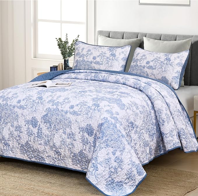 WONGS BEDDING Blue Quilt Set King Size, 3 Pieces Botanical Bedspreads Set by WONGSBEDDING