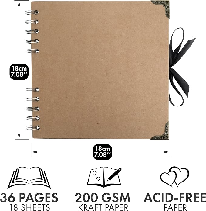 Bstorify Square Scrapbook Photo Albums 36 Pages Brown Thick 200gsm Kraft Paper - Image 2
