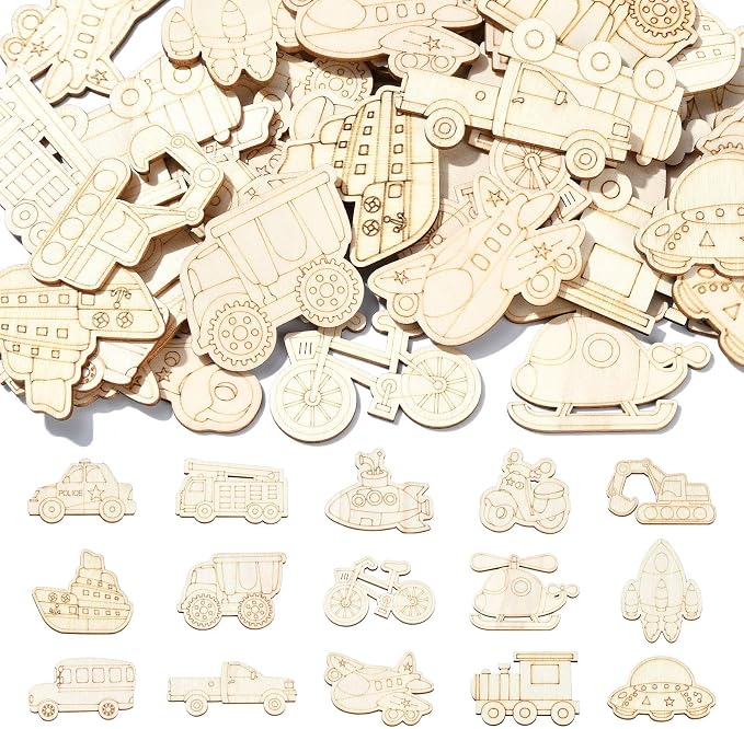 100 pcs Mixed Styles Transportation Theme Undyed Wood Cutout Charms Car Vehicle by Gythara