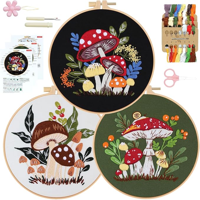 RidaaFri Embroidery Kit for Beginners, 3 Pk Stamped Mushroom DIY Craft Supplies by RidaaFri