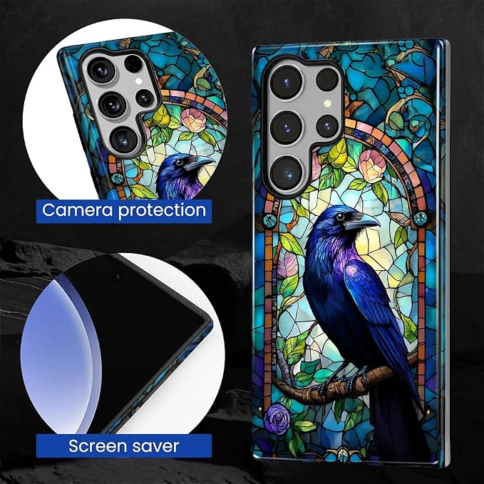 for Samsung Galaxy S24 Ultra Case, Crow Faux Stained Glass Pattern Glossy 2 in - Image 6