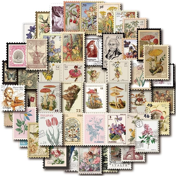 Vintage Postage Stamp Stickers for Scrapbook, Botanical Fairy Sticker for Junk by PRSTINCOL