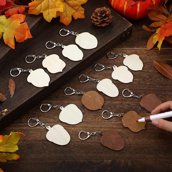 RattanView 24 Pcs Acorn Craft Color Your Own Keychains DIY Craft Wooden Blank - Image 4