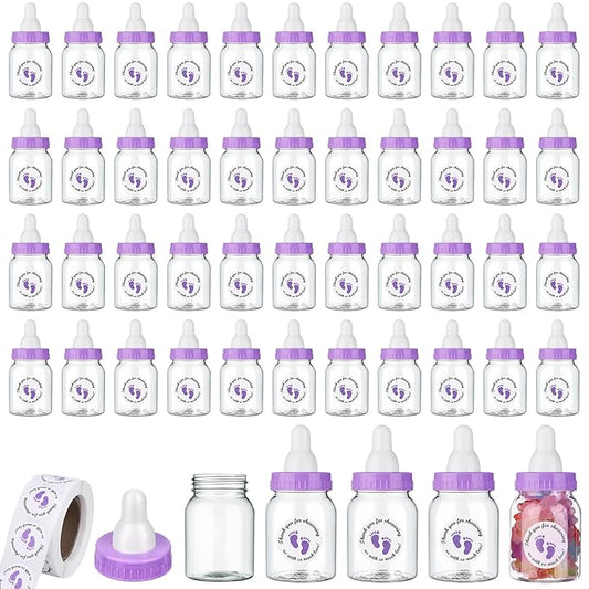 62 Pcs 3.5 Inch Baby Mini Milk Bottle Baby Shower Favor with 500 Adhesive Thank You for Showering Stickers, Small Plastic Candy Bottle DIY Gift for Boy Girl Newborn Baptism Party Decor (Purple)