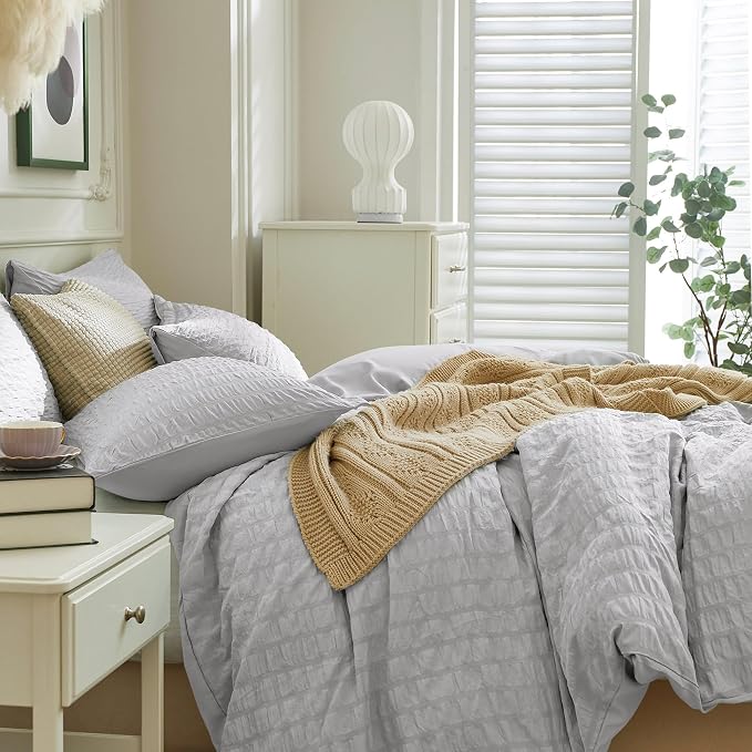 JELLYMONI Light Grey Duvet Cover King Size, Soft Breathable Seersucker Duvet - Image 7