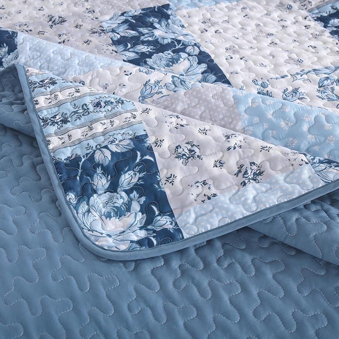 Anibedding Blue Patchwork Quilt Set King Size Boho Floral Plaid Bedspread - Image 5