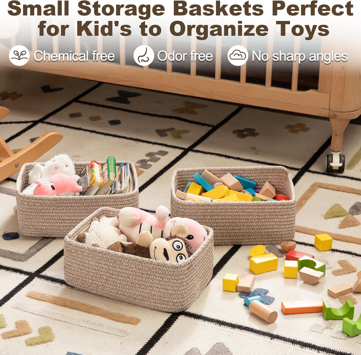 3 Pack Small Storage Baskets for Organizing, Cute Woven Decorative Gift Baskets for Shelves, Mini Closet Organizer Bins with Handles, 11.81''Lx7.87''Wx4.72''H-Brown