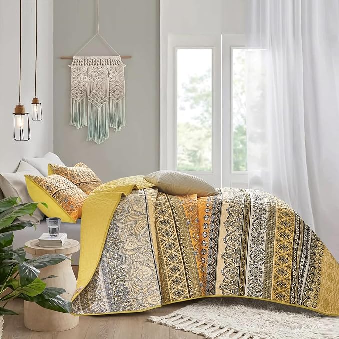 WONGS BEDDING Yellow Orange Bohemian King Quilt, Boho Quilt King Size, - Image 4