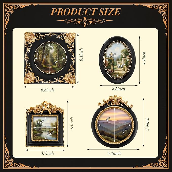 Qunclay Vintage Mini Picture Frames Set of 4, Round Rectangle Ornate Small - Image 2