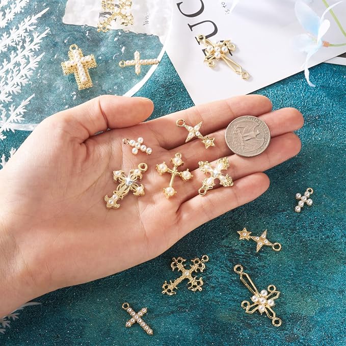 Cheriswelry 18Pcs Cross Metal Charms Light Gold Pearl Rhinestone Pendants Alloy - Image 4