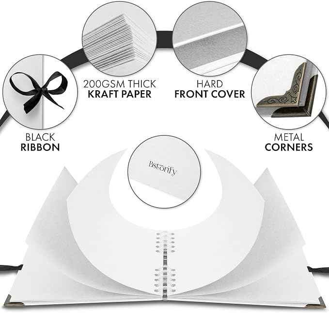 Bstorify Square Scrapbook Photo Albums 36 Pages White Thick Paper, Metal Corners - Image 3