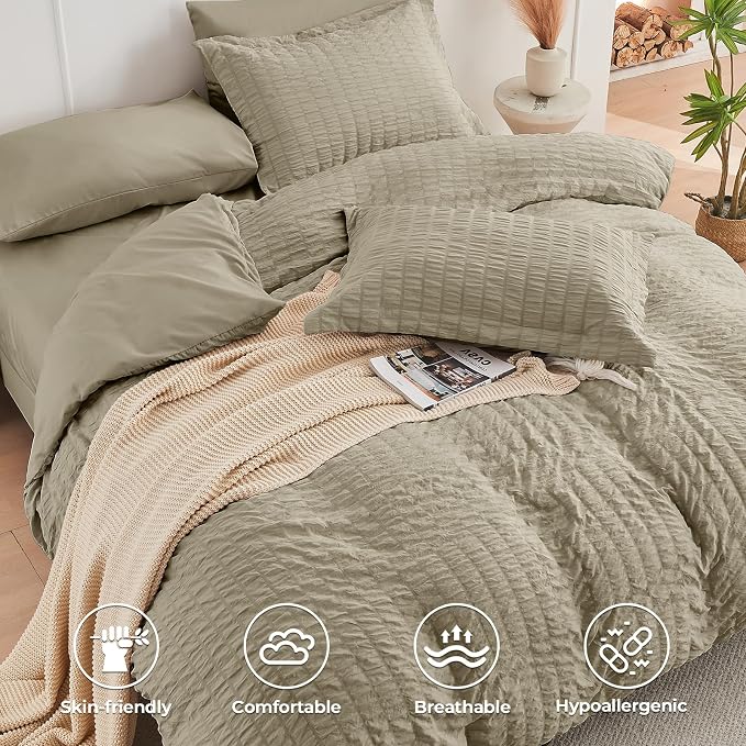 HYMOKEGE Linen Queen Comforter Set Seersucker 7 Pieces, All Season Luxury Bed - Image 3
