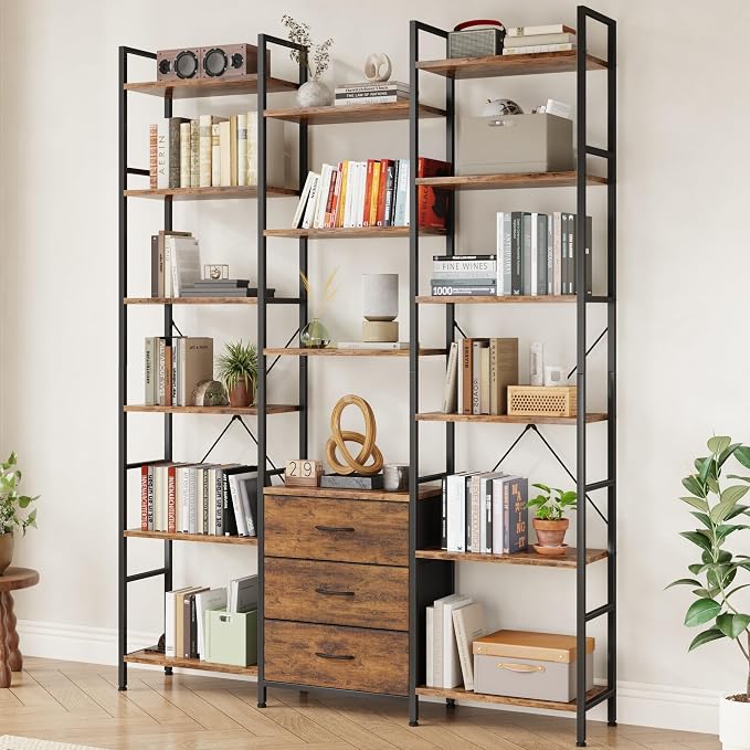 AFLUI Triple Bookshelf with 3 Fabric Drawers, 6-Tier Book Shelf and 10 Display by Unknown