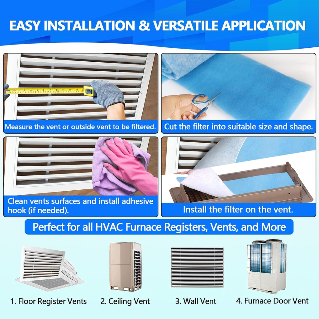 14" x140" Air Vent Filters, Cut to Fit Air Filter (65+ Filters), MERV 8 Triple Vent Filter for Home Floor, Ceiling, RV, HVAC Furnace Vents, With Adhesive Hook Tape and Installation Tape