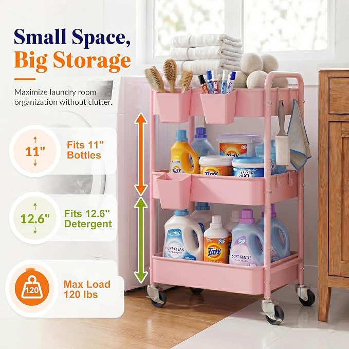 3 Tier Rolling Cart Metal with Lockable Wheels, Storage Utility Trolley Carts - Image 7