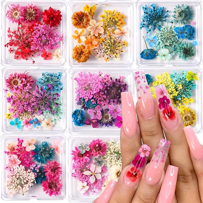 Dried Flowers for Nails, 8 Boxes 3D Dried Flowers Nail Art Stickers Decals by SUTOZMIWE