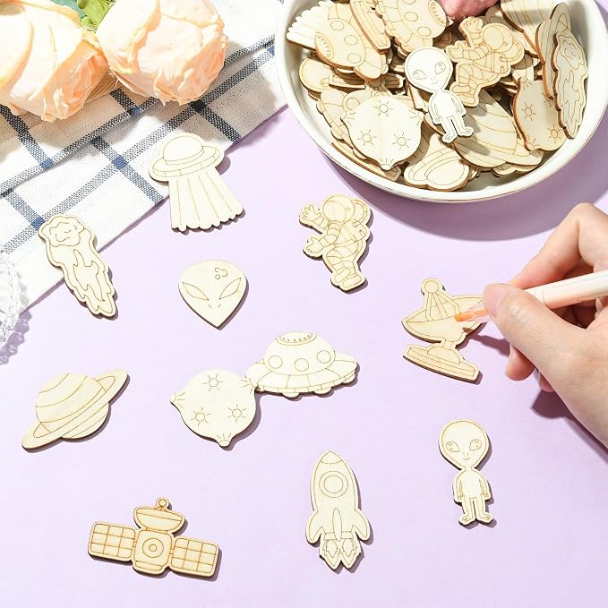 100 pcs Mixed Styles Universe Theme Unfinished Wooden Cutout Charms Alien - Image 5