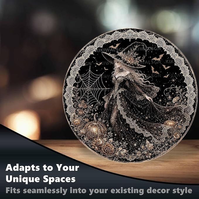 Elegant Gothic Witch Halloween Metal Tin Sign Round Wall Decor Black Dress Gold - Image 6