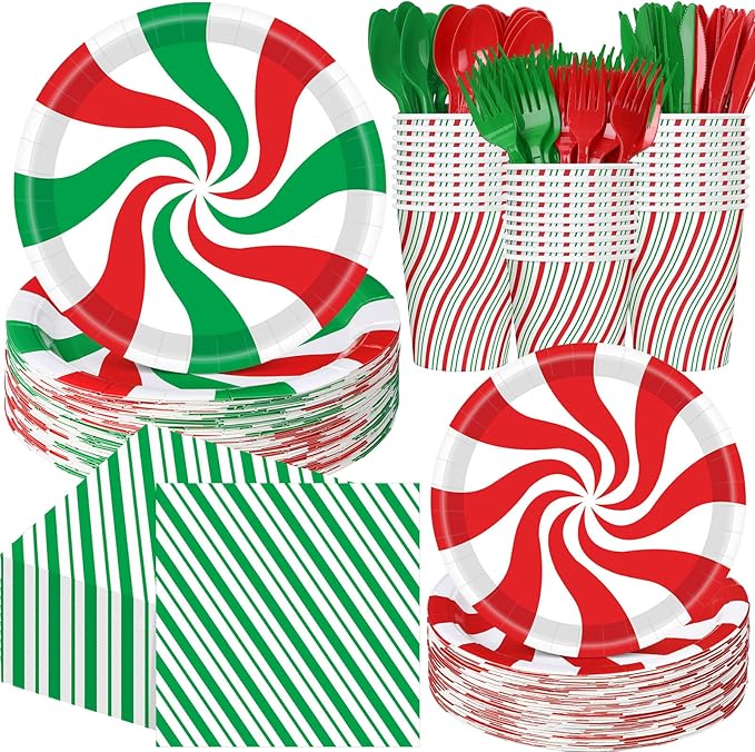 Pickmesh 400 Pcs Christmas Peppermint Candy Paper Plates Napkins Cups Cutlery by Pickmesh