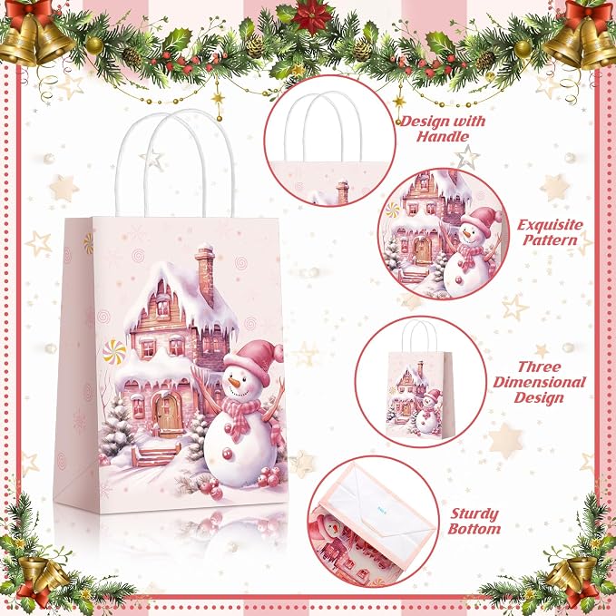 Kolldenn 24 Pcs Pink Christmas Party Favors Bags Christmas Goodie Gift Bags - Image 3