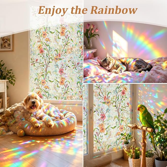 Coavas Stained Glass Window Film, 3D Rainbow Floral, 17.5" x 78.7" | Decorative - Image 7