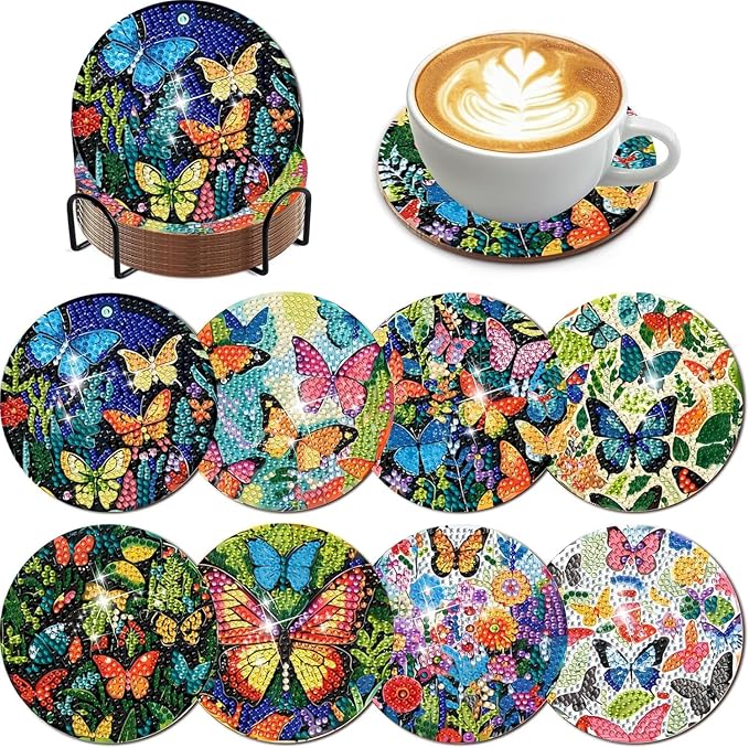 EWJRNSF 8 PCS Butterfly Diamond Art Coasters Kit by EWJRNSFDiamondPainting