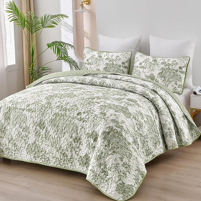 WONGS BEDDING Botanical Quilt Set King, Sage Green 3 Pieces Toile Floral Plants by WONGSBEDDING