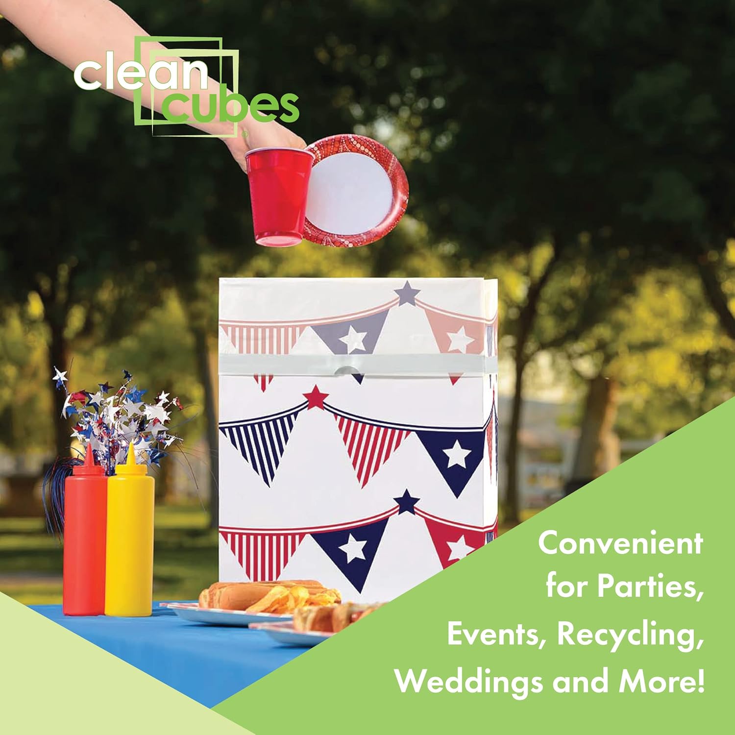 13 Gallon Disposable Pop-Up Trash Cans (3-Pack) with Fitted Bags – Foldable Garbage & Recycling Bins for Parties, Events & Kitchen (USA Flag, 17" H x 13.5" W x 10" D)