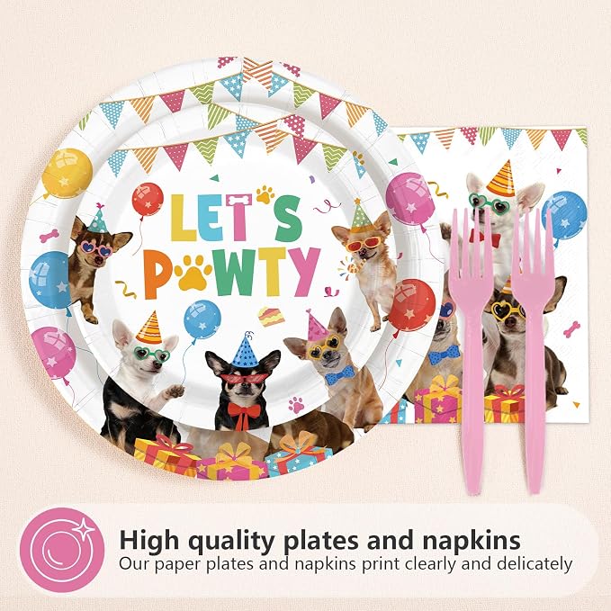 96Pcs Chihuahua Birthday Party Decoration Let's Pawty Plates and Napkins Puppy - Image 2