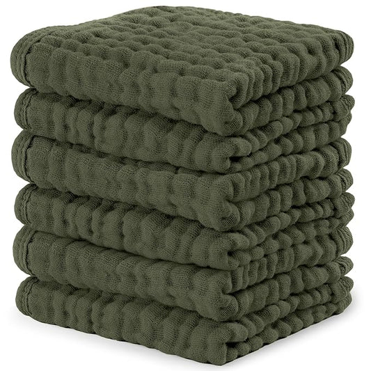 Comfy Cubs Muslin Baby Washcloths 6 Pack - Soft 6-Layer Cotton Wash Cloths for Sensitive Skin - 10"x10" Large, Gentle, Absorbent Infant Essentials for Newborn and Toddlers - Kelp