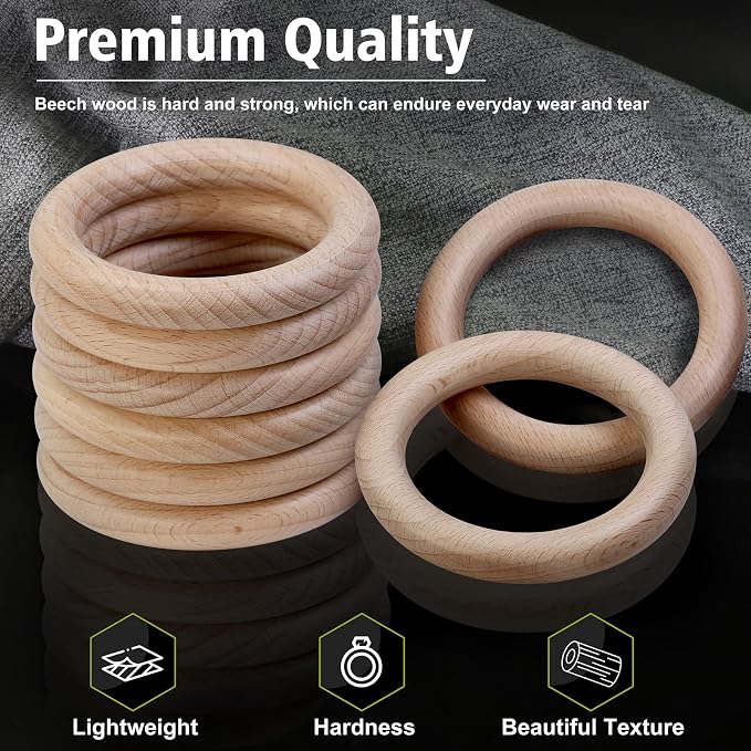 FoDau770 10pcs Natural Beech Wooden Rings, Unfinished Solid Wood Rings Heavy - Image 4