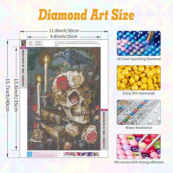 Skull Diamond Art Kits for Adults Beginners 12x16 in, DIY Craft Gift | Skeleton - Image 3