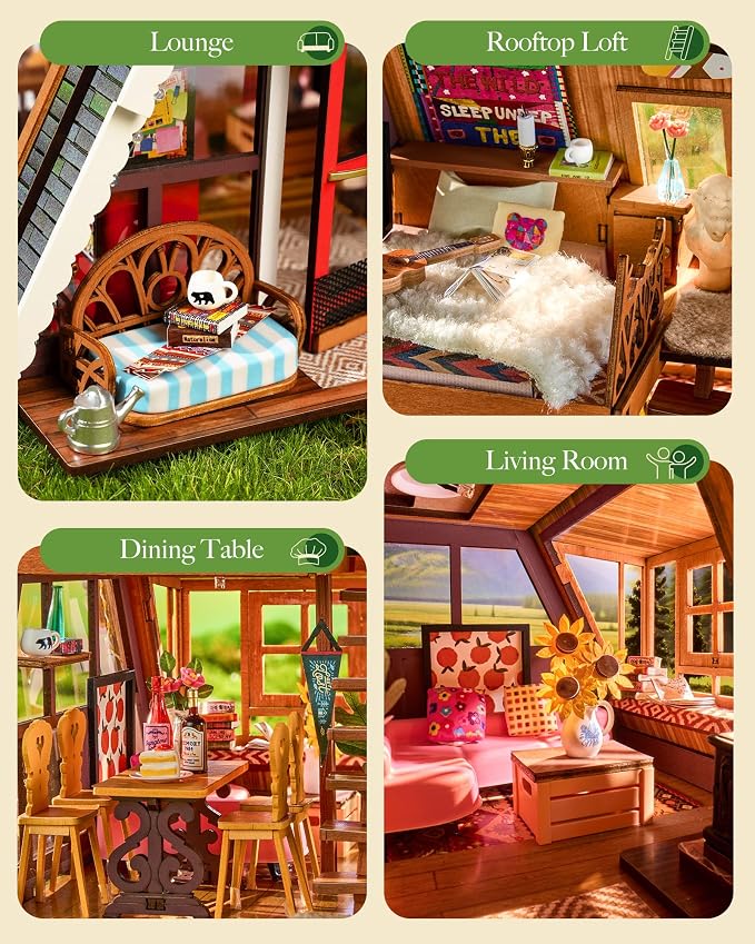Rolife DIY Miniature House Kit for Adults, A-Frame Cabin Mini Wooden Dollhouse - Image 3